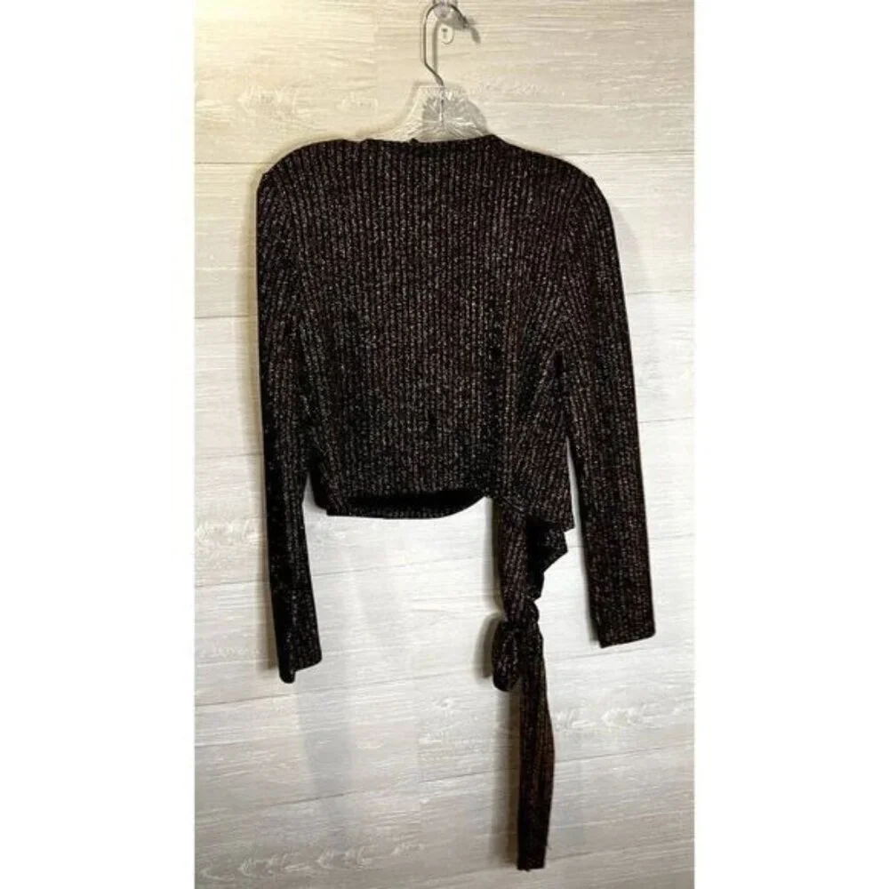 Dance and Marvel Women's Metallic Long Sleeve V Neck Tie Knot Wrap‎ Blouse